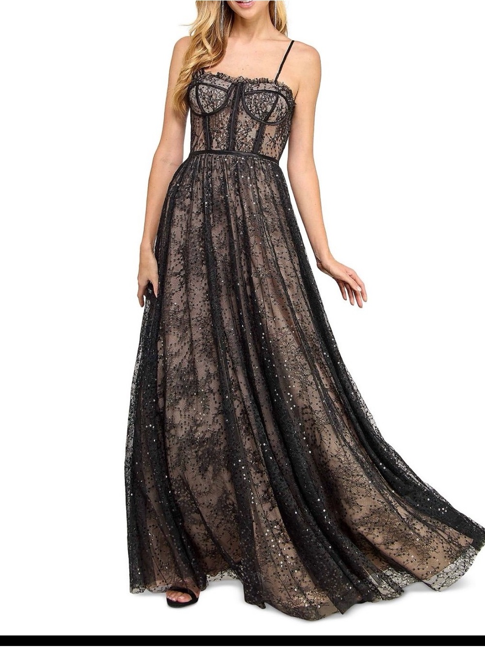 Elegant Black Lace Overlay Corset Evening Gown with sparkles and see thru bodice